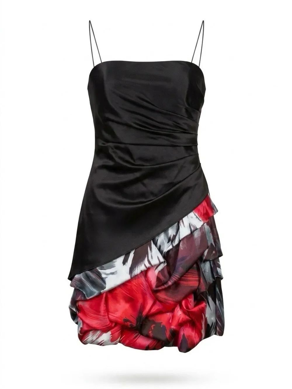 BLACK w RED FLORAL STRAPLESS SATIN DRESS SIZE 11